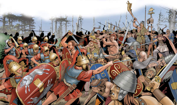 Ilustração retratando combate entre romanos e bárbaros, em referência à queda do Império Romano.