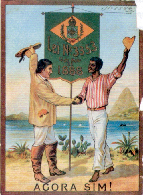 Cartaz da Ã©poca da aboliÃ§Ã£o da escravatura no Brasil celebrando o fim da escravidÃ£o.