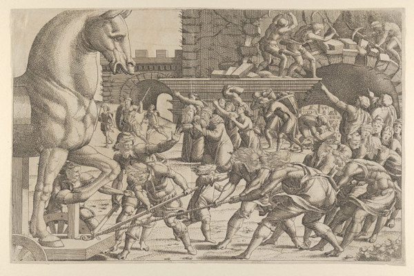 Troianos levando o Cavalo de Troia para a cidade de Troia, situaÃ§Ã£o que colaborou par o fim da Guerra de Troia.
