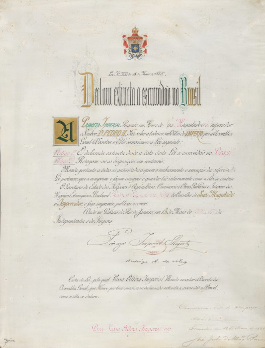ReproduÃ§Ã£o da Lei Ãurea, de 1888, que concretizou a aboliÃ§Ã£o da escravatura no Brasil.