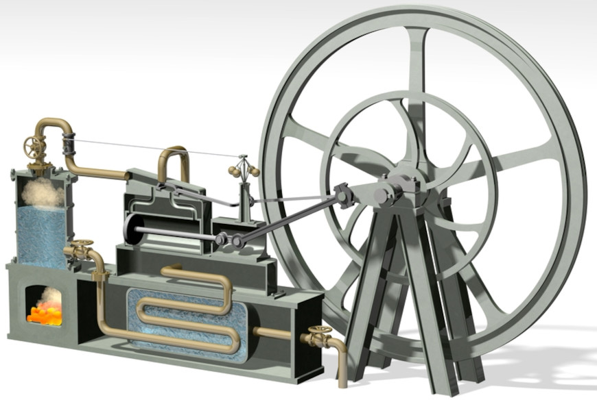 RepresentaÃ§Ã£o de motor de James Watt em texto sobre manufatura.