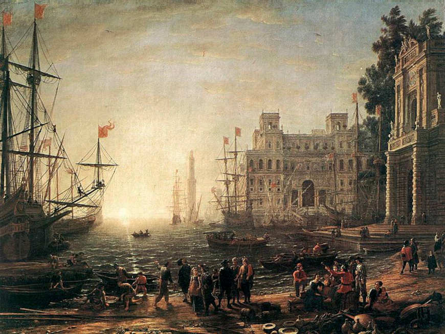Porto medieval retratado em pintura, em alusão à transição do feudalismo para o capitalismo.