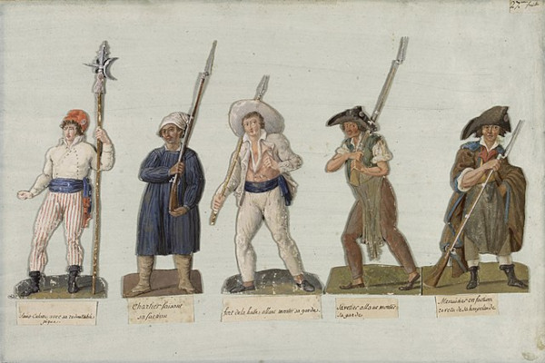 Gravura de 1793 representando cinco “sans-culottes” empunhando armas.
