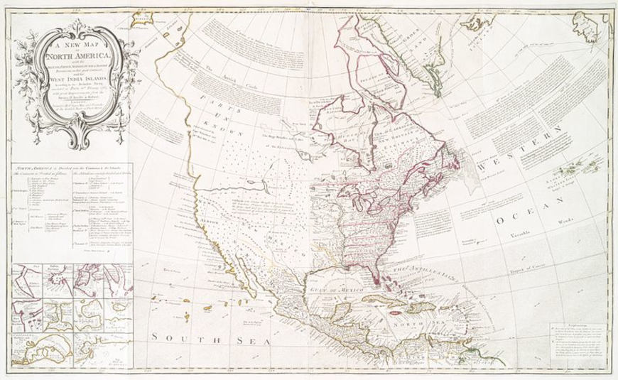 Novo mapa da AmÃ©rica do Norte, redesenhado apÃ³s a Guerra dos Sete Anos.