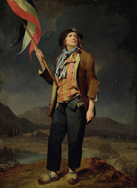 Homem com roupas tÃ­picas dos sans-cullotes em pintura de Louis-LÃ©opold Boilly (1761-1845).