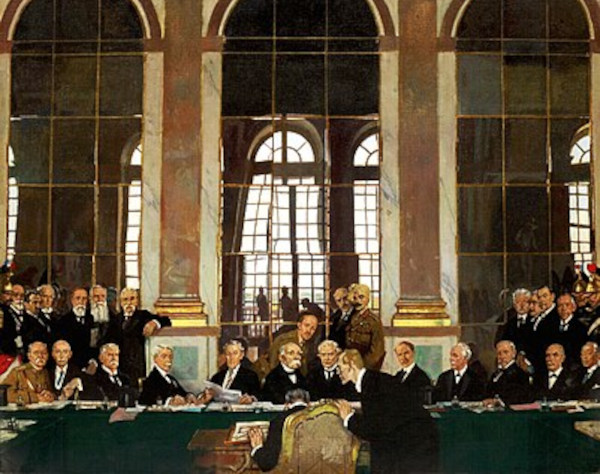 A pintura histórica de William Orpen retrata a assinatura do Tratado de Versalhes, no Salão dos Espelhos, em 1919.
