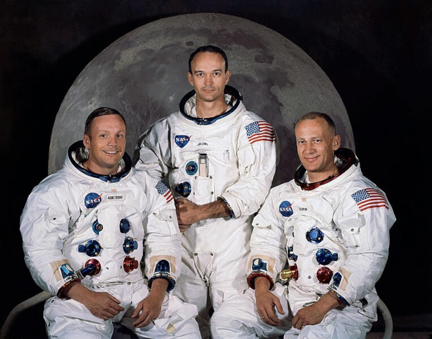 Armstrong, Collins e Aldrin, os trÃªs astronautas que fizeram parte da missÃ£o Apollo 11.