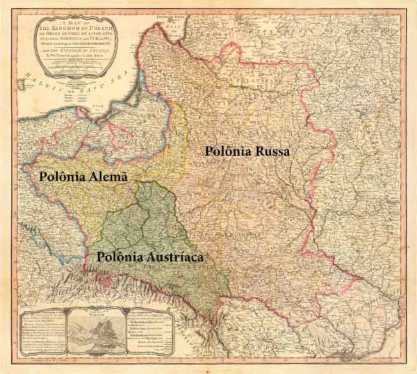 Mapa mostrando a partilha da PolÃ´nia realizada em 1799 e ainda em vigor durante a Batalha de VarsÃ³via.