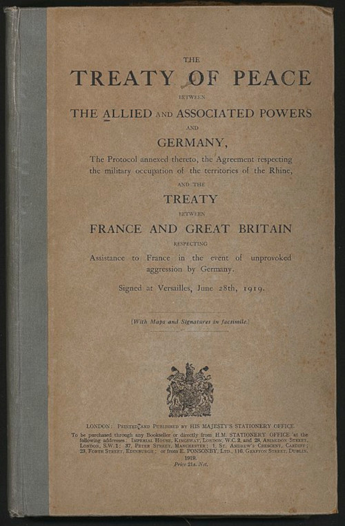 Capa do documento com termos do Tratado de Versalhes em inglÃªs.