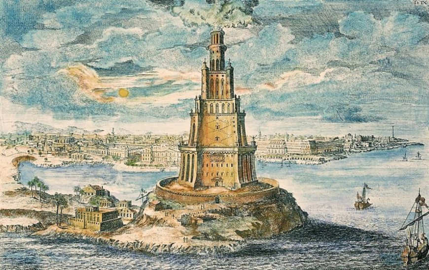 RepresentaÃ§Ã£o do Farol de Alexandria feita por Johann Bernhard Fischer von Erlach.