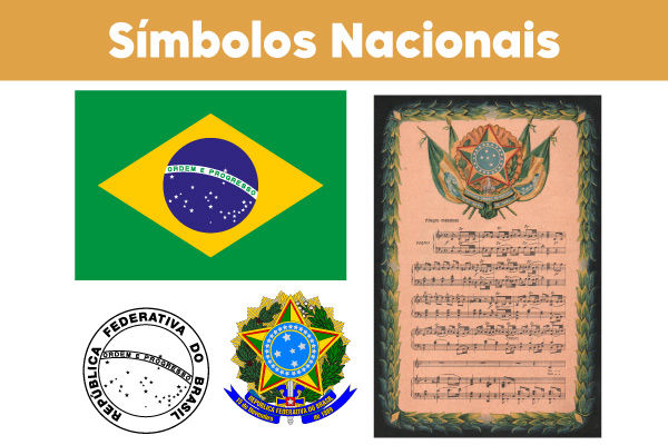 Colagem mostrando os símbolos nacionais: Bandeira Nacional, Hino Nacional, Armas Nacionais e Selo Nacional.