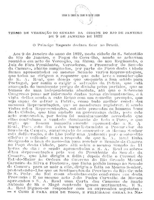 Documento no qual D. Pedro I anunciou que ficaria no Brasil apÃ³s as ordens das Cortes, fato conhecido como o Dia do Fico.