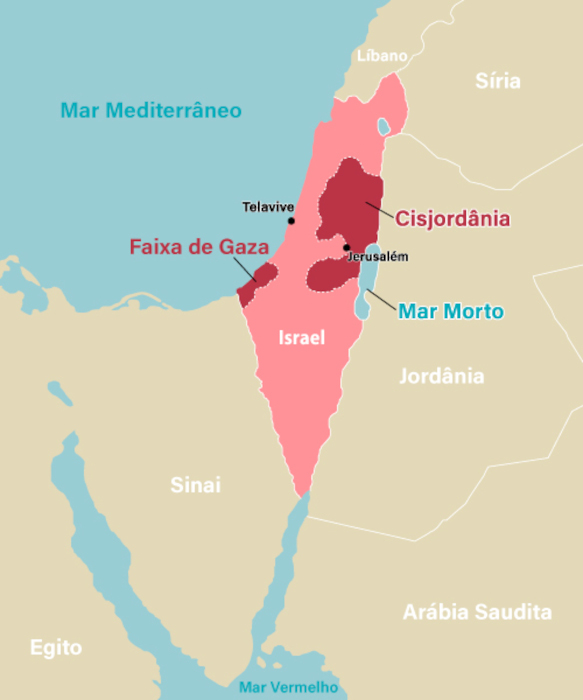 Mapa mostrando a localizaÃ§Ã£o do Estado de Israel, cuja criaÃ§Ã£o se deu em 1948.