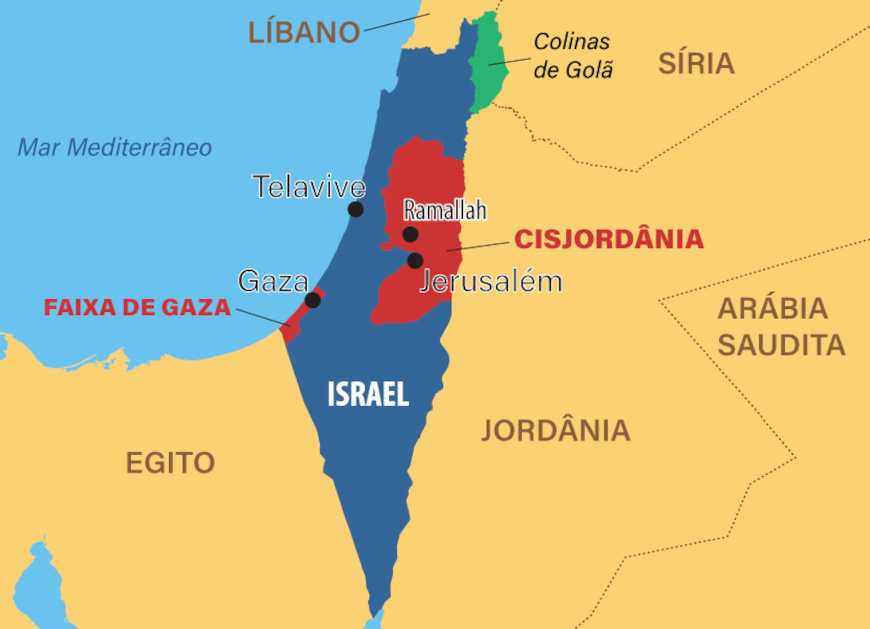 Mapa mostrando a divisÃ£o do territÃ³rio da Palestina, local onde ocorre a QuestÃ£o Palestina.