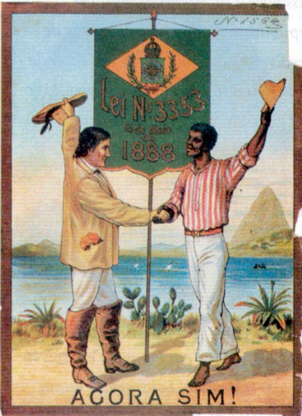 Cartaz de 1888 celebrando a Lei Áurea, marco oficial do fim da escravidão no Brasil.