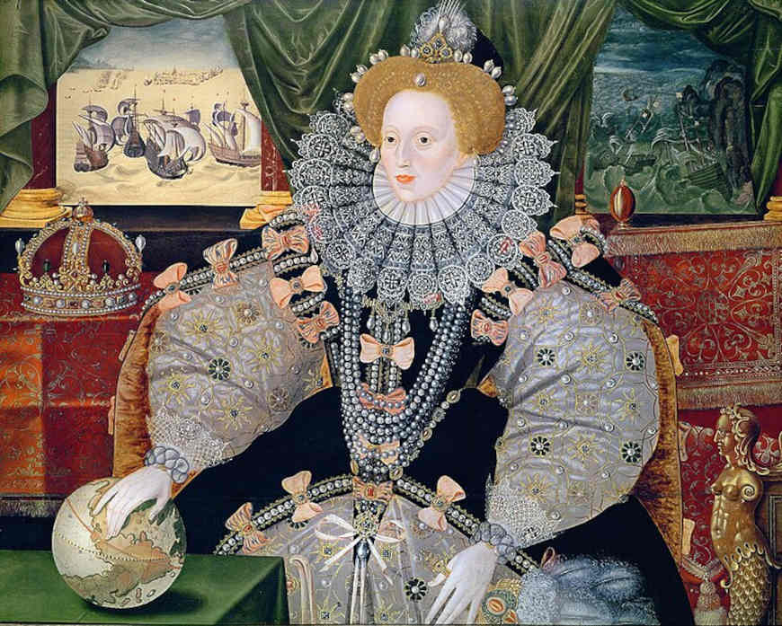 Retrato de Elizabeth I, Ãºltima monarca Tudor, para comemorar a vitÃ³ria sobre a Armada Espanhola.