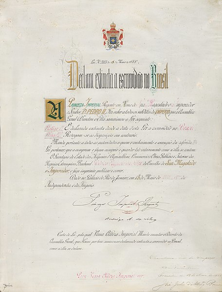 Lei Áurea, assinada em 13 de maio de 1888, documento que oficializou o fim da escravidão no Brasil.