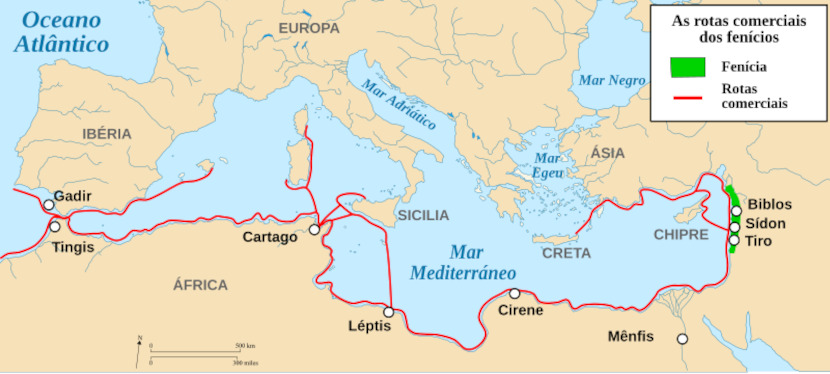 Mapa das principais cidades fenícias e suas rotas comerciais.