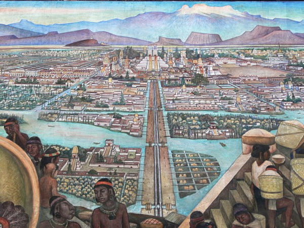 Mural que representa a grandiosa cidade de Tenochtitlán, um marco da história da América e da civilização asteca.