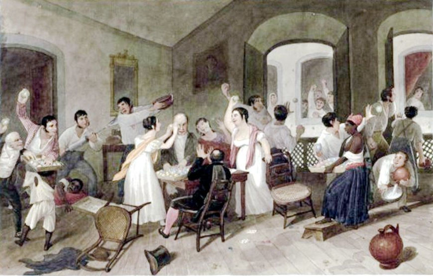 Pintura de Augustus Earle retratando o jogo das molhadelas, a principal brincadeira do entrudo.