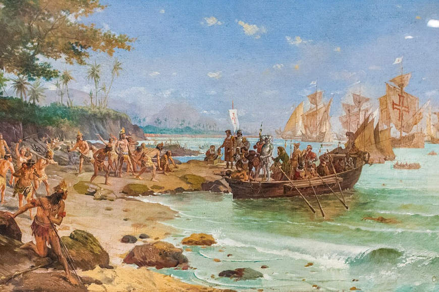 Representação da chegada dos portugueses ao Brasil em 1500.