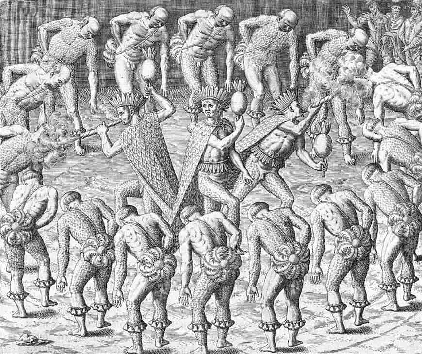 Representação de ritual praticado pelos tupinambás, povos que estavam no Brasil antes da chegada dos europeus.