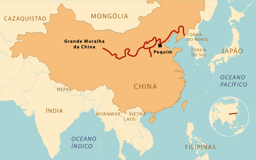 Mapa da Grande Muralha da China na atualidade. Este trecho da muralha foi construído, em sua maior parte, durante a dinastia Ming.