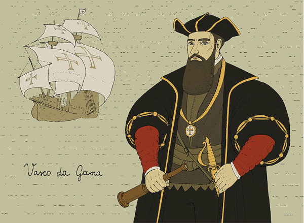 Ilustração do navegador português, Vasco da Gama, ao lado de uma caravela. Ilustração do navegador português, Vasco da Gama, ao lado de uma caravela.