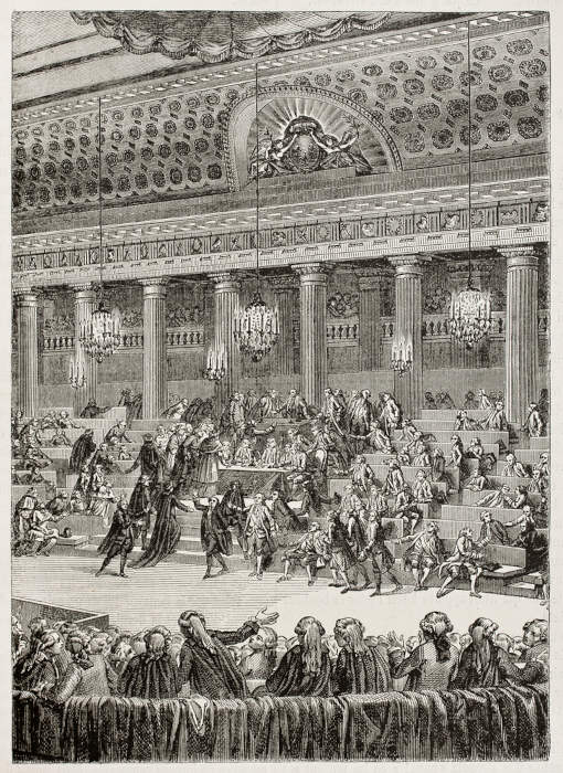Representação da assembleia em 1789, na primeira fase da Revolução Francesa, reproduzida ao final do século XIX.