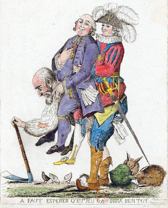 Homem carregando outros dois, representando a estrutura social na época da Revolução Francesa.