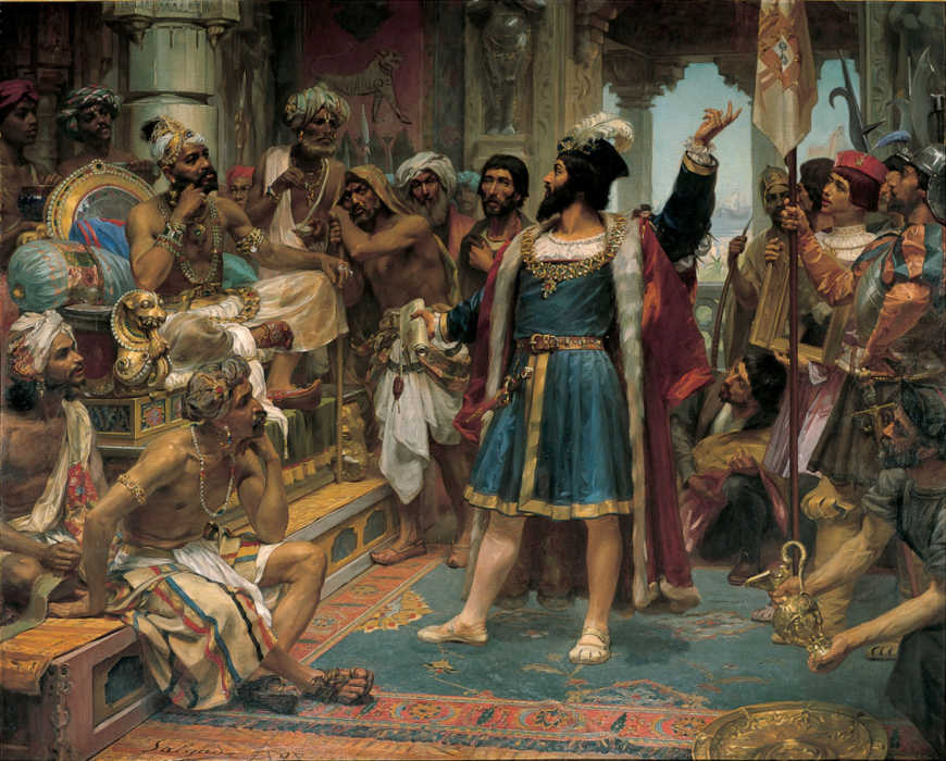 A pintura retrata o encontro entre Vasco da Gama e Zamorim, governante hindu, na Índia.