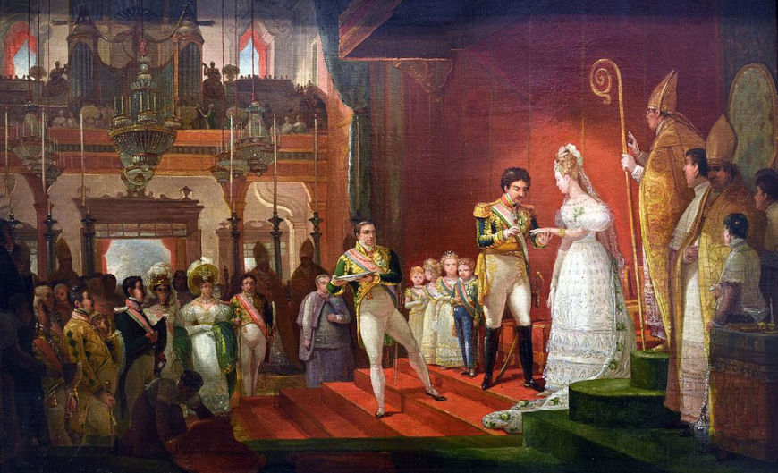Casamento de D. Pedro I com Amélia de Leuchtenberg; ao lado do imperador, seus filhos do primeiro casamento.