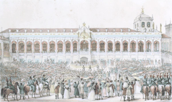 Pintura retratando quando Dom João tornou-se Dom João VI durante o Período Joanino.