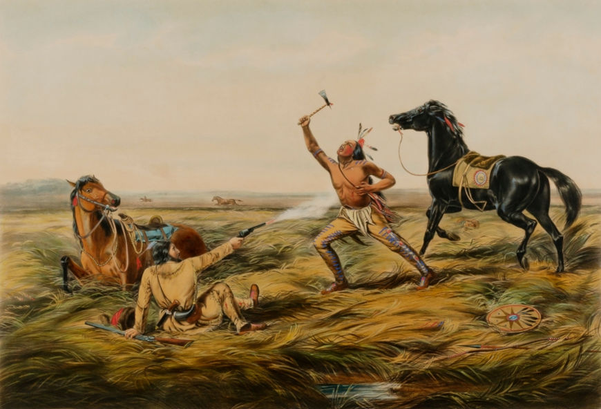 Pintura retratando homem branco atirando em um nativo norte-americano, em texto sobre marcha para o oeste nos EUA.