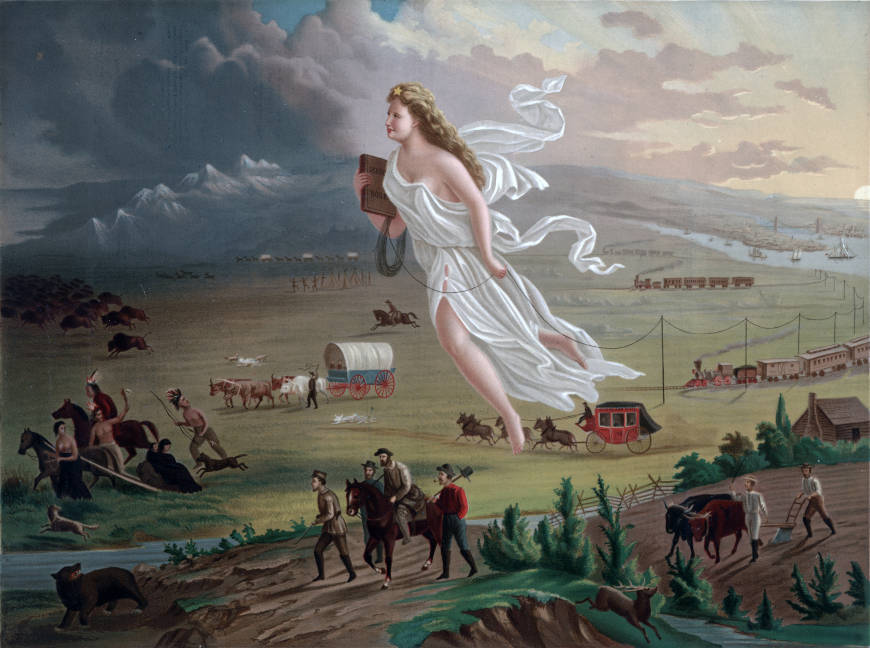Na pintura, uma mulher vestida de branco representa o progresso guiando os pioneiros na marcha para o oeste, nos EUA.