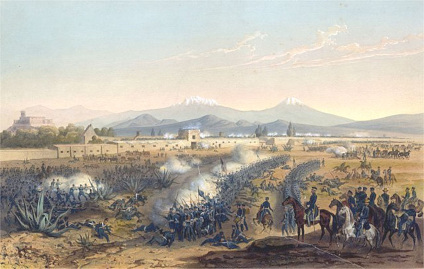 Na pintura, um retrato da Batalha de Molino del Rey, travada entre EUA e México, no contexto da marcha para o oeste.