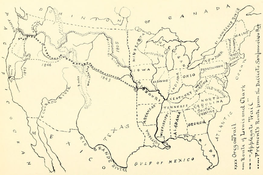 Mapa de 1843 com rotas dos peregrinos da marcha para o oeste nos EUA.