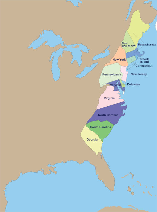 Mapa dos 13 estados que constituíam os EUA antes da marcha para o oeste.