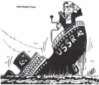 Cartum representando Gorbachev afundando com navio, uma alusão aos efeitos da perestroika e da glasnost.