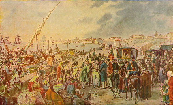 Pintura retratando a transferência da Corte portuguesa para o Brasil, fato que deu início ao Período Joanino.