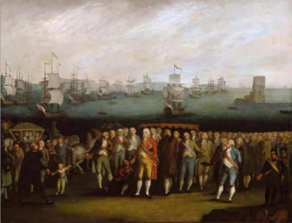 Pintura retratando a vinda da família real portuguesa para o Brasil, cuja chegada deu início ao Período Joanino. [imagem_principal]