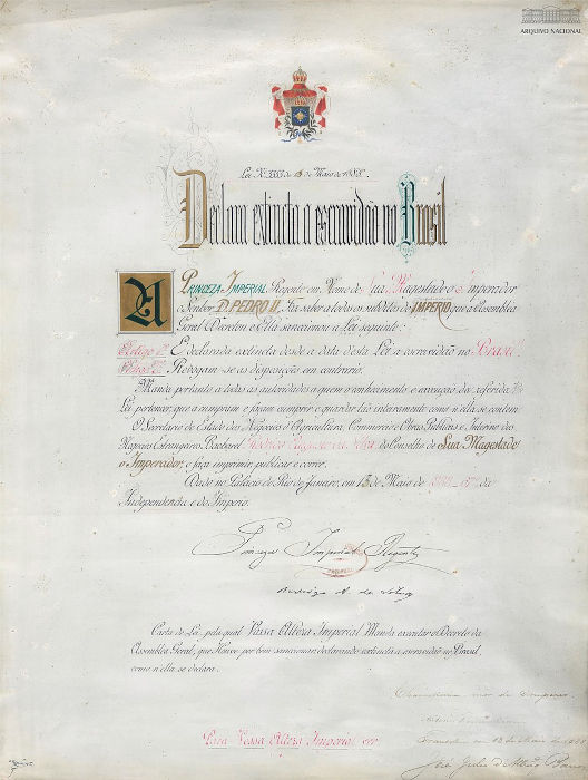 Lei Áurea, que aboliu a escravidão legal no Brasil, em 1888.