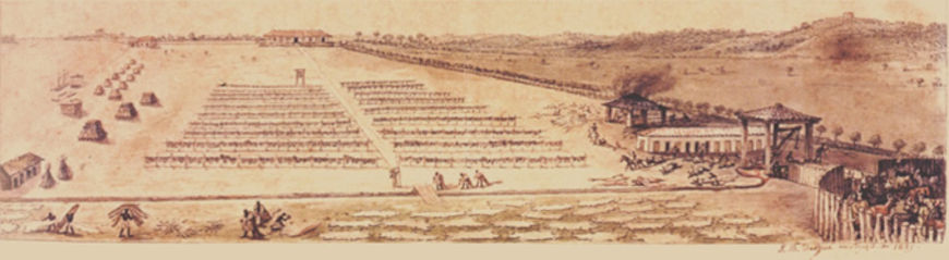 Tela de Debret retrata uma charqueada, local de produ&ccedil;&atilde;o do charque, no Rio Grande do Sul.