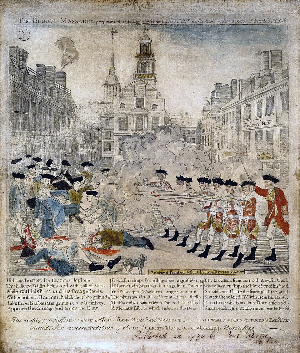 Na ilustra&ccedil;&atilde;o, soldados brit&acirc;nicos disparam contra colonos no Massacre de Boston, uma das causas da Revolu&ccedil;&atilde;o Americana.