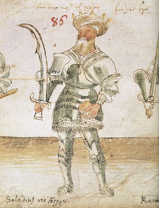 O rei Saladino, l&iacute;der dos mu&ccedil;ulmanos na Terceira Cruzada, representado em um manuscrito do s&eacute;culo XV.