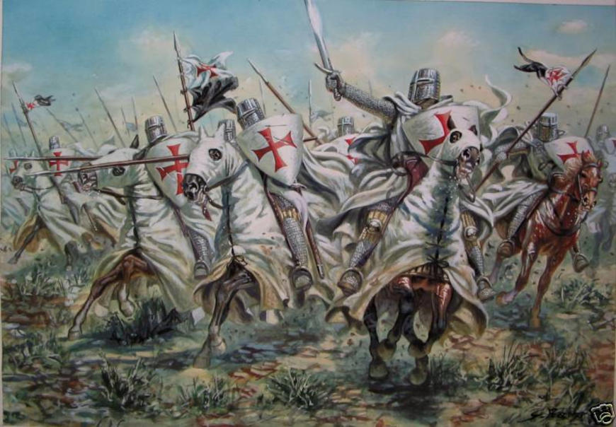 Pintura representando ex&eacute;rcito de cavaleiros templ&aacute;rios lutando nas Cruzadas.