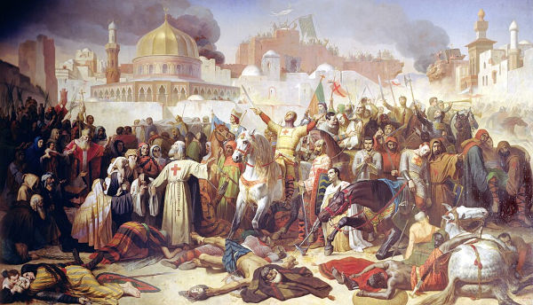 Exército cristão tomando Jerusalém durante a primeira Cruzada.