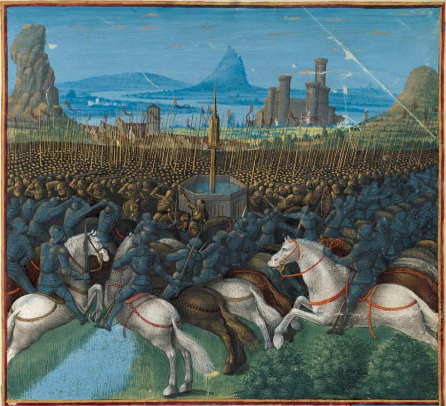 Pintura retratando uma batalha do ex&eacute;rcito de Saladino contra os crist&atilde;os nas Cruzadas.