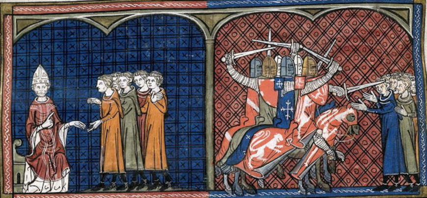 Duas figuras retratando pessoas diante do papa, na Inquisi&ccedil;&atilde;o, e sendo atacadas nas Cruzadas da Igreja Medieval.