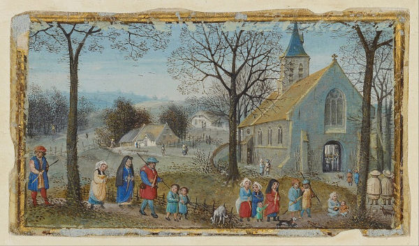 Aldeões indo à igreja em ilustração de c.1550, em texto sobre Igreja Medieval.